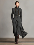 Purple Boho Cotton Stretch Turtleneck Asymmetric Draped Maxi Dress 4