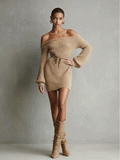 Women's Camel Knit Mini Dress Off-Shoulder Belted Fuzzy 5