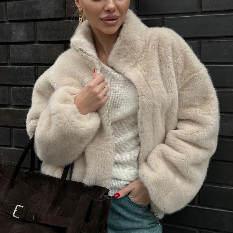 Women's Plush Bomber Jacket with High Collar