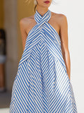 Striped Halter Neck Maxi Dress Nautical Sleeveless 6