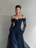 Women's Dark Blue Chiffon Organza Maxi Dress Off-Shoulder Long Sleeve Fitted 2