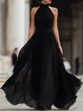 Black Chiffon Halter Neck Maxi Dress Pleated Sleeveless 1