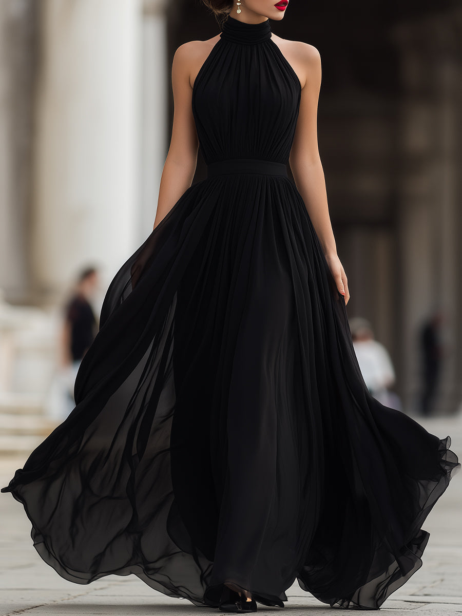 Black Chiffon Halter Neck Maxi Dress Pleated Sleeveless