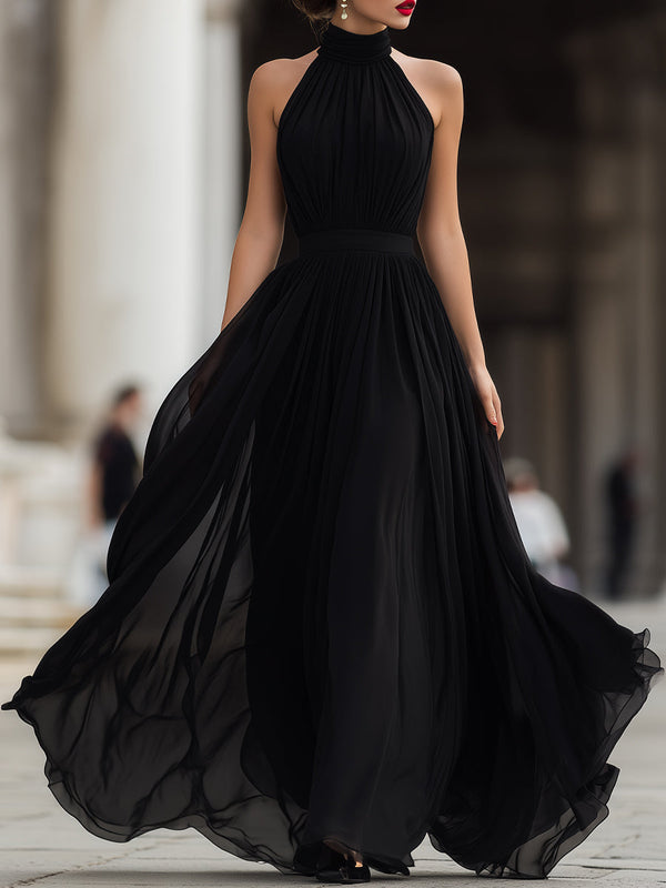 Black Chiffon Halter Neck Maxi Dress Pleated Sleeveless