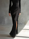 Women's Black Jersey Maxi Dress Off-Shoulder Ruched Slit 3