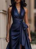 Satin Halter Gown Midnight Ruffle Formal Fitted 3