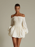 Women's Ivory Pleated Dress Off-Shoulder Ruched Waist Elegant 3