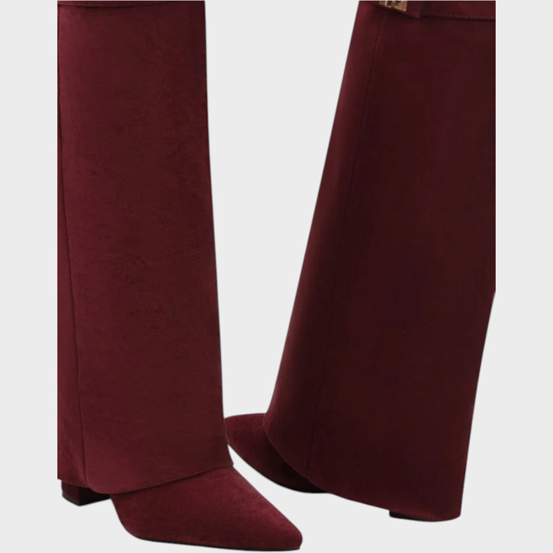Women's Beige Suede Knee High Boots, Fold-Over Shaft Heel