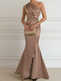 Satin One-Shoulder Champagne Maxi Gown 1
