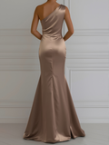 Satin One-Shoulder Champagne Maxi Gown 2