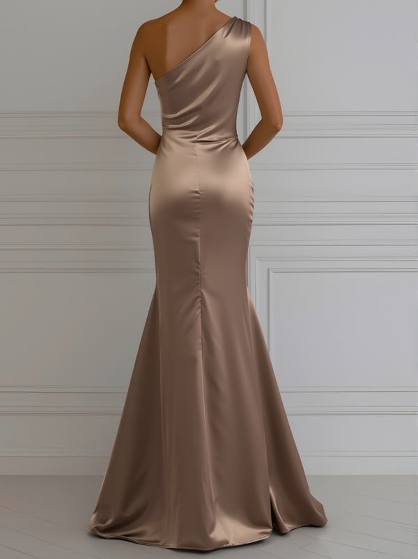 Satin One-Shoulder Champagne Maxi Gown
