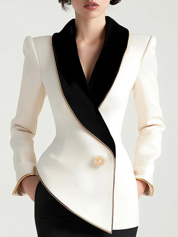 Asymmetrical White Blazer with Black Contrast Lapels