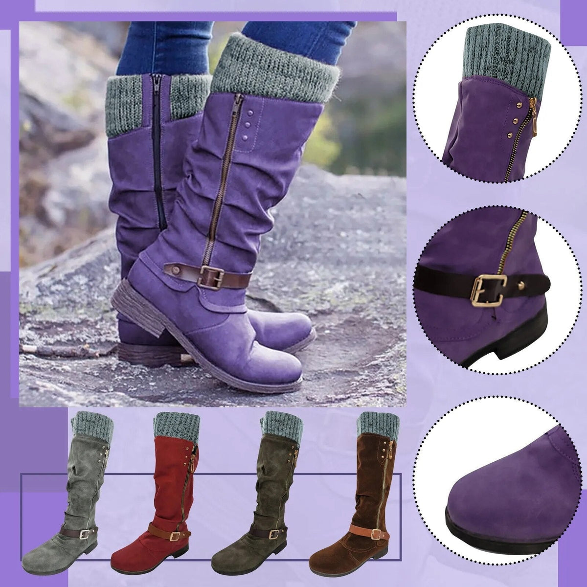 Women's Slouch Mid-Calf Boots, Knit Cuff and Buckle Detail