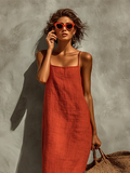 Red Cotton Spaghetti Strap Square Neck Boho Midi Dress 4