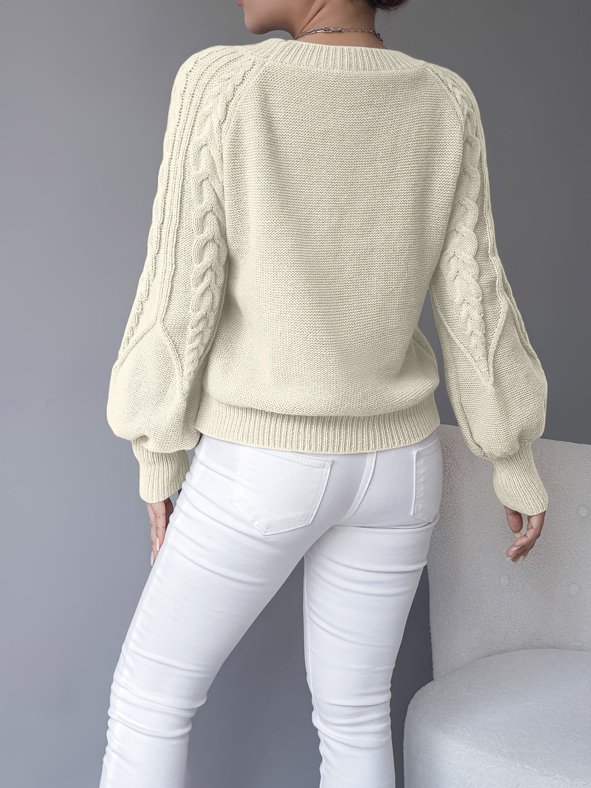 Tilda | Cropped Cable Knit Sweater with Lantern Sleeves for Women