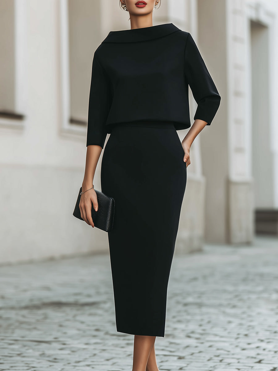 Boat Neck Top and Midi Skirt Set Coordinated