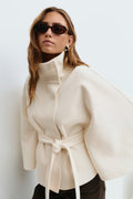 Wool Cape Jacket for Women, Funnel Neck Belted 1
