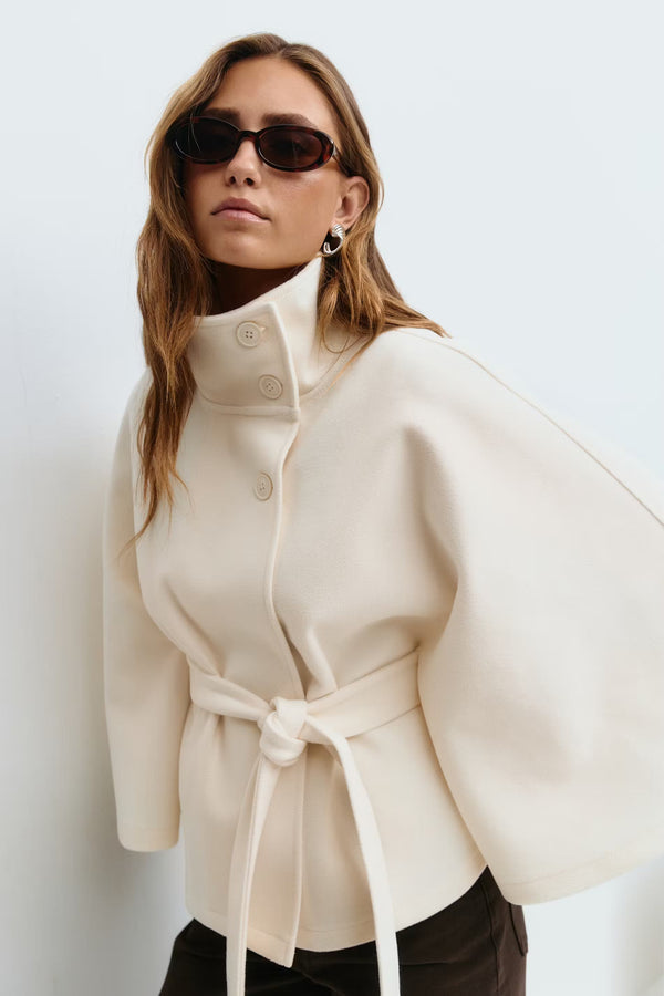 Belted Funnel Neck Wool Cape Jacket for Women