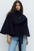 Wool Cape Jacket for Women, Funnel Neck Belted 5