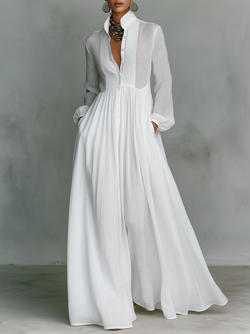 Cotton Linen Patchwork Single-Breasted Stand Collar Long Sleeve Maxi Dress