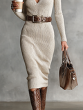 Knitted Half Turtleneck V-Neck Long Sleeve Belted Midi Dress 3