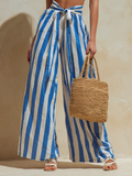 Women's Striped Wide-Leg Pants Suit Strapless Blue White Resort 4