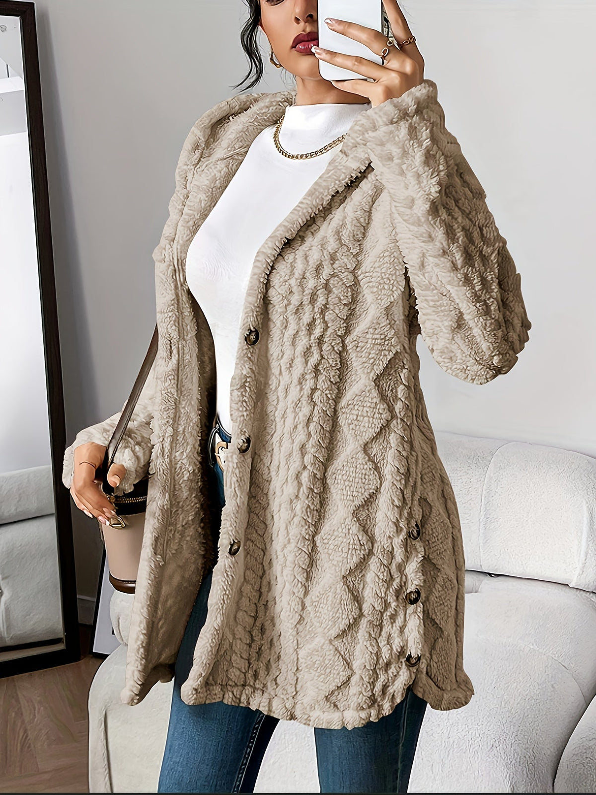 Women's Hooded Cardigan, Cable Knit Button Front