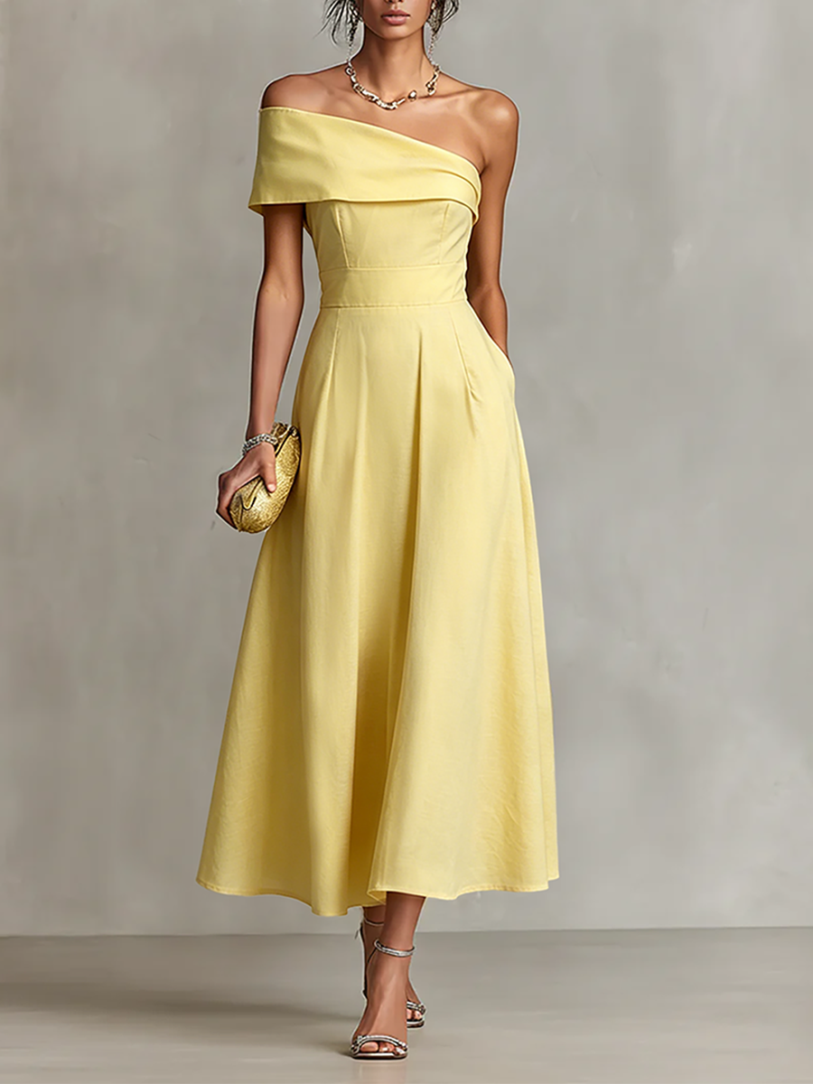 Women's Yellow Linen Dress One-Shoulder Fitted Waist Elegant
