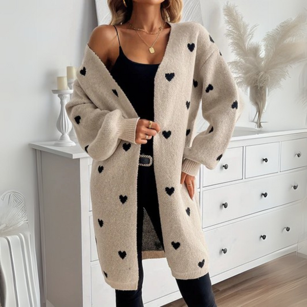 Women's Heart Print Cardigan, Button Front Knit