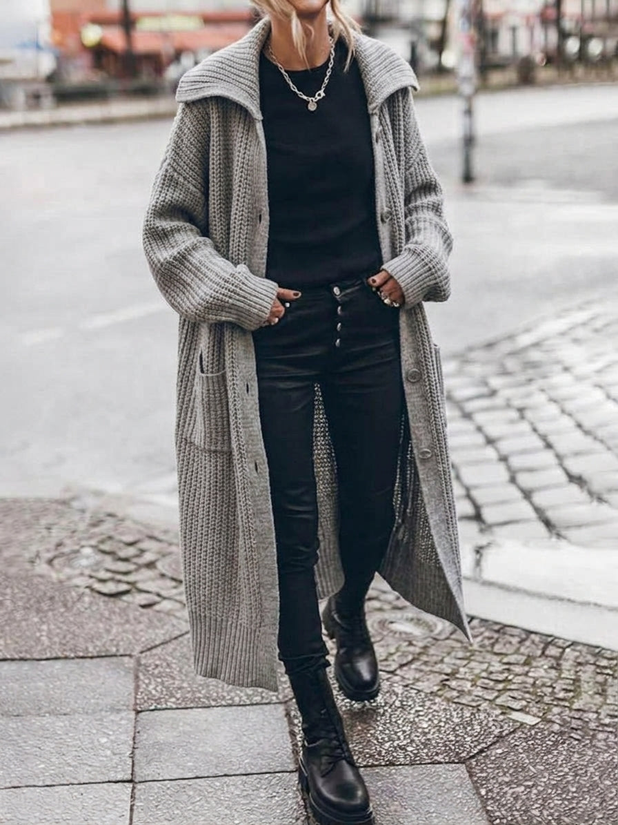 Klara | Chunky Ribbed Long Cardigan with Wide Collar for Women