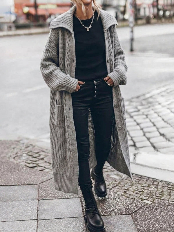 Women's Long Cardigan, Chunky Rib Knit with Collar