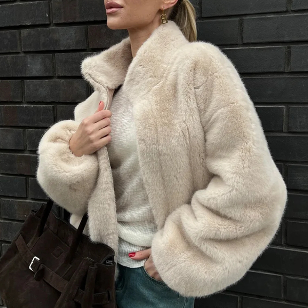 Women's Plush Bomber Jacket with High Collar