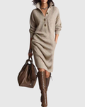 Women's Knit Jumper Dress, Button Collar Midi with Pockets 2