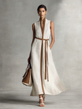 Women's Cotton Linen Maxi Dress Sleeveless V-Neck Tie Waist 2