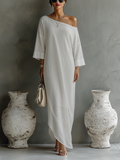 Ivory Cotton Linen One-Shoulder Flowing Midi Dress 3