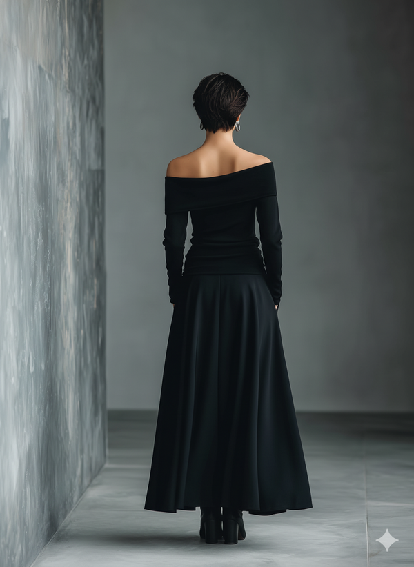 Women's Black Knit Off-Shoulder Top Long Sleeve Ruched Waist