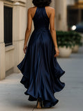 Satin Halter Gown Midnight Ruffle Formal Fitted 2