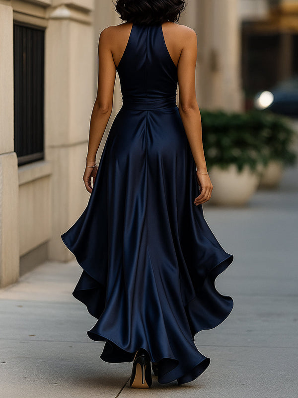 Satin Halter Gown Midnight Ruffle Formal Fitted
