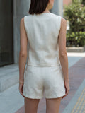 Linen Vest and Shorts Set Sleeveless Button-Up Tailored 2