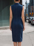 Denim Midi Dress Sleeveless Double-Breasted Notch Lapel 2