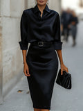 Satin Draped-Collar Midi Dress with Black Belt 6