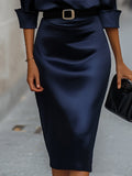 Satin Draped-Collar Midi Dress with Black Belt 4