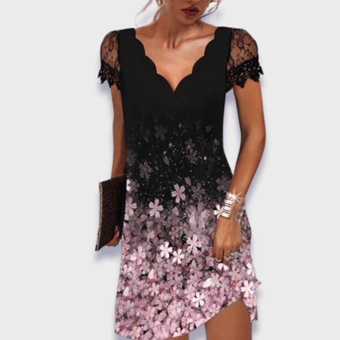 Women's V-Neck Dress with Lace Trim, Short Sleeve Knee Length
