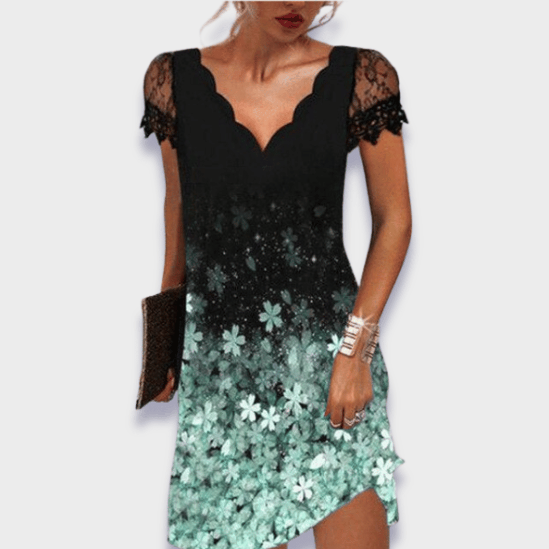Women's V-Neck Dress with Lace Trim, Short Sleeve Knee Length
