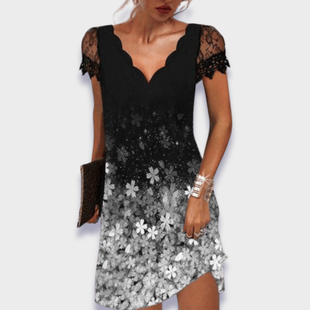 Women's V-Neck Dress with Lace Trim, Short Sleeve Knee Length