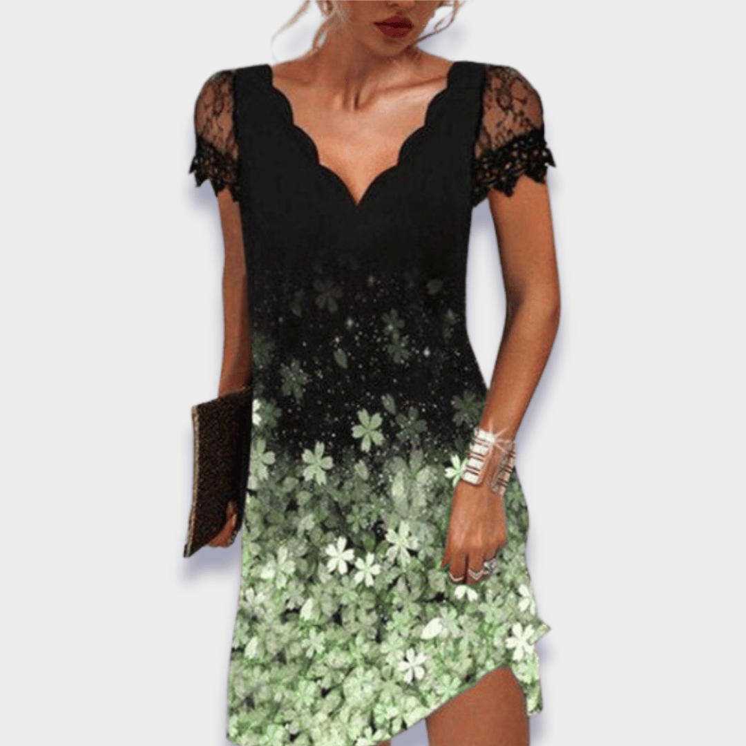 Women's V-Neck Dress with Lace Trim, Short Sleeve Knee Length