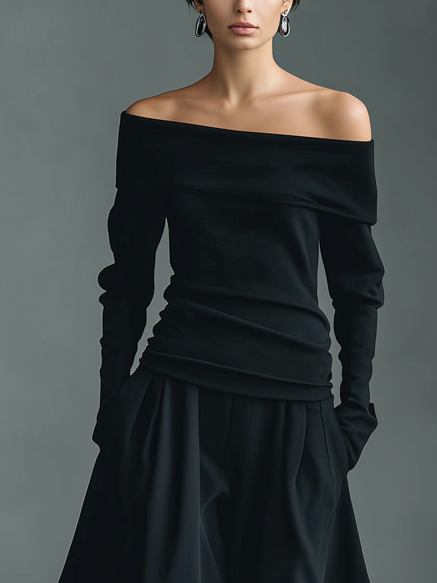 Women's Black Knit Off-Shoulder Top Long Sleeve Ruched Waist