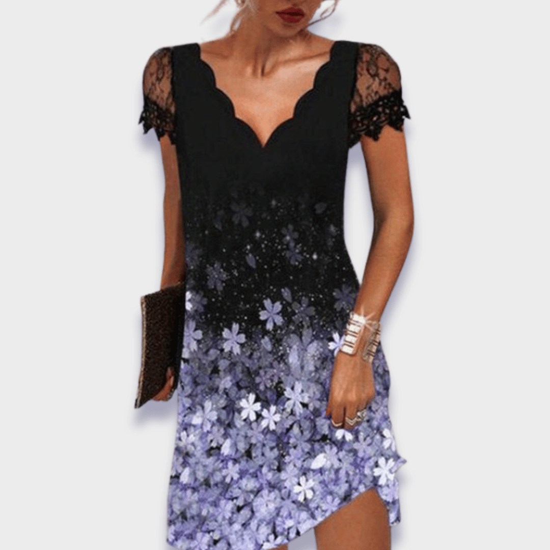 Women's V-Neck Dress with Lace Trim, Short Sleeve Knee Length