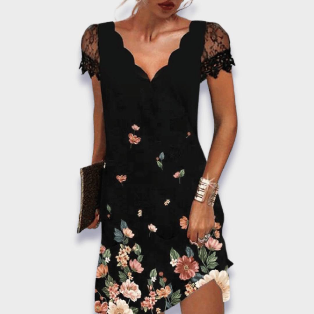 Women's V-Neck Dress with Lace Trim, Short Sleeve Knee Length