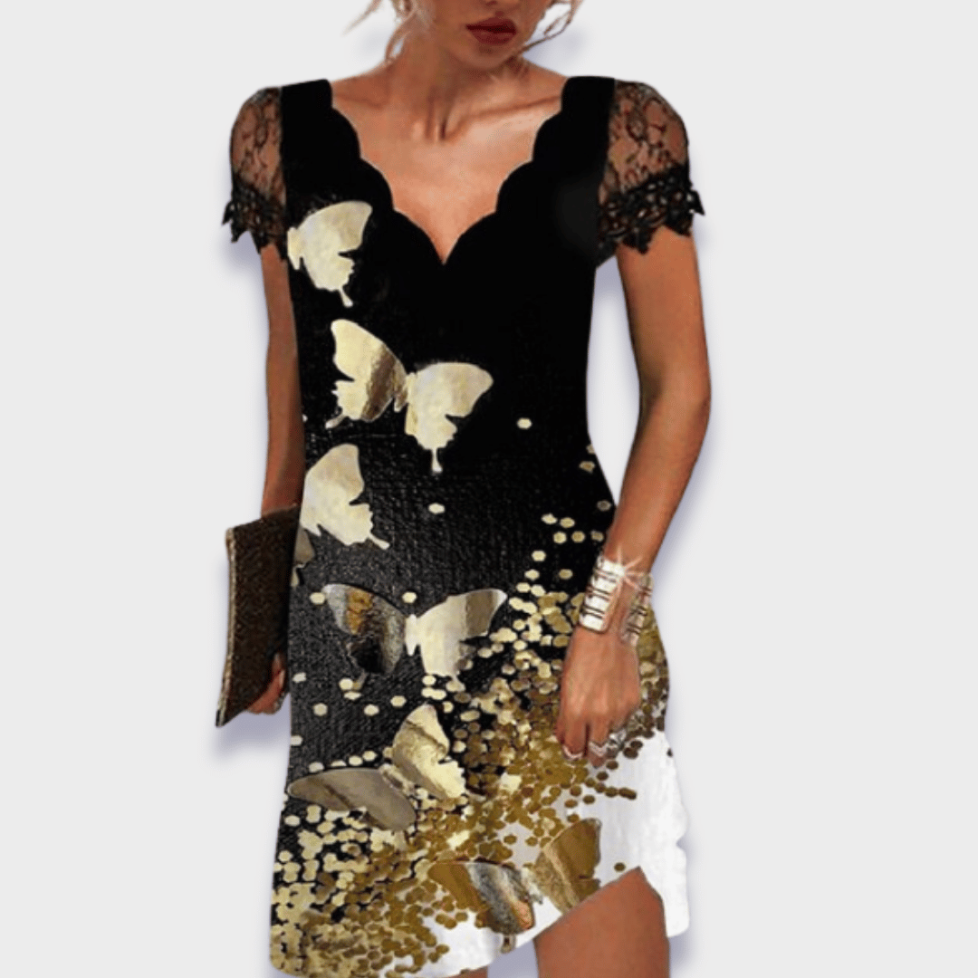 Women's V-Neck Dress with Lace Trim, Short Sleeve Knee Length